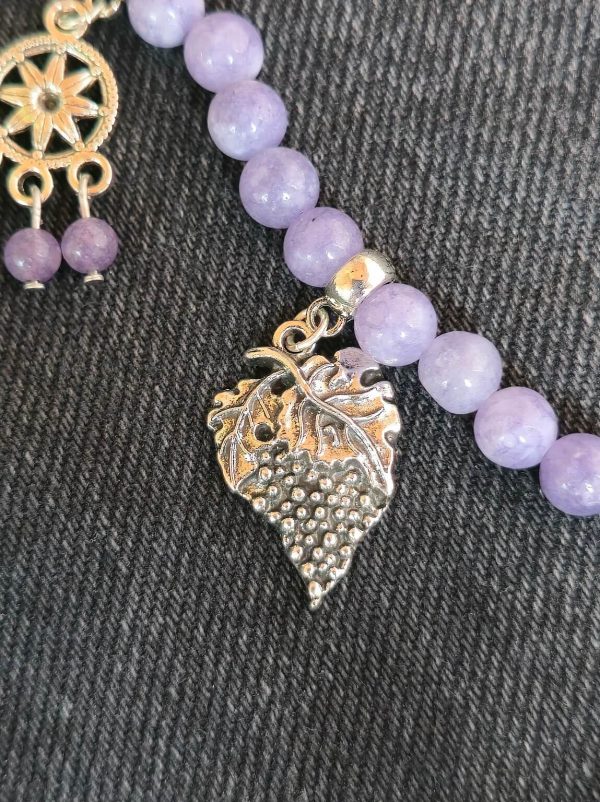 Textured grape leaf charm on jade necklace