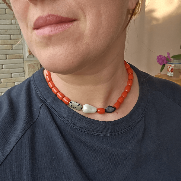 Bold Coral & Stone Mix Statement Necklace